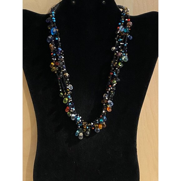 HANDMADE Jewelry - Beaded Charm Necklace With Multicolor Glass Beads On Black Cord